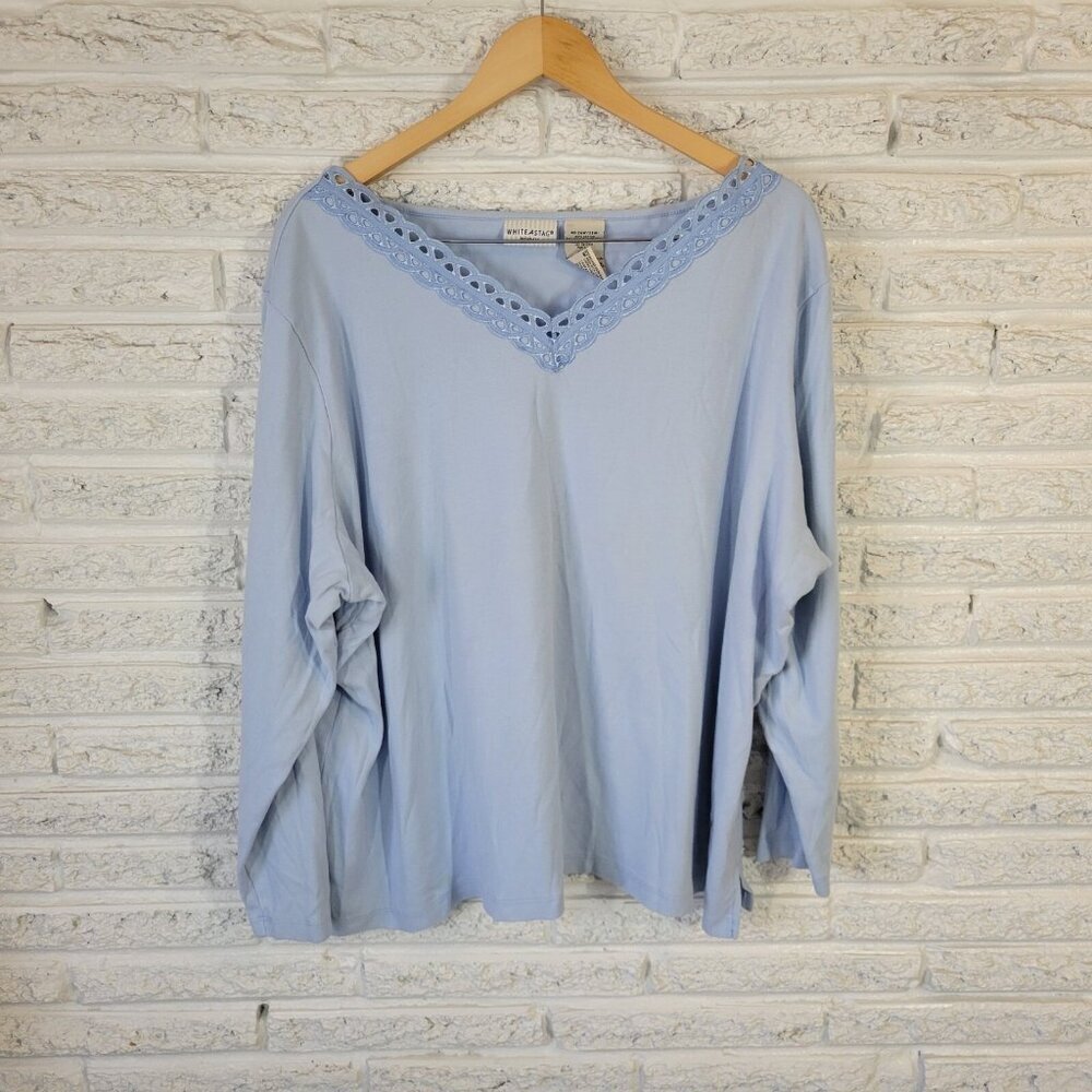 White Stag 4X Blouse Blue Cotton Lace Trim V Neck Long Sleeve Plus Size BLU63E